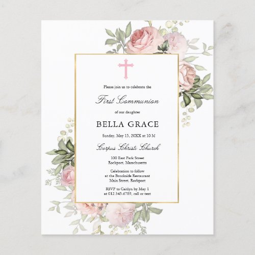 Budget Pink Rose Floral First Communion Invitation