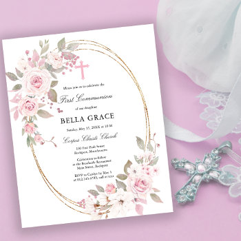 Budget Pink Rose Floral First Communion Invitation by Celebrais at Zazzle