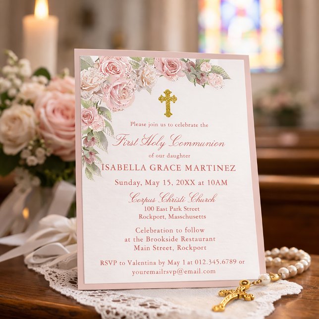 Budget Pink Rose Floral First Communion Invitation (Creator Uploaded)