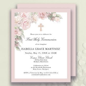 Budget Pink Rose Floral First Communion Invitation by Celebrais at Zazzle