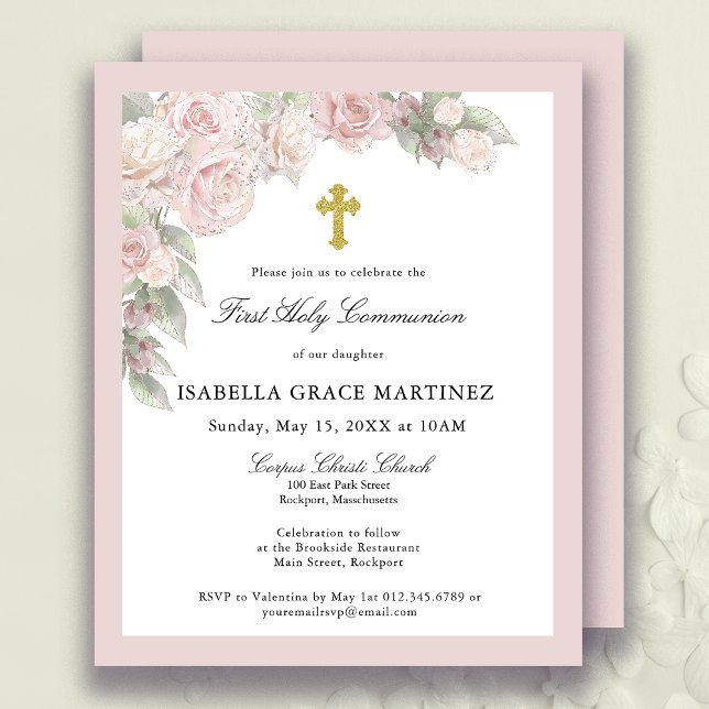 Budget Pink Rose Floral First Communion Invitation (Creator Uploaded)