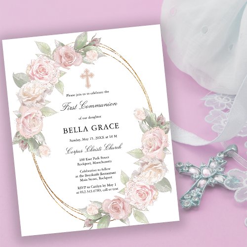 Budget Pink Rose Floral First Communion Invitation
