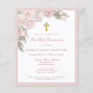 Budget Pink Rose Floral First Communion Invitation