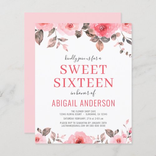 Budget Pink Rose Floral Sweet Sixteen Invitation