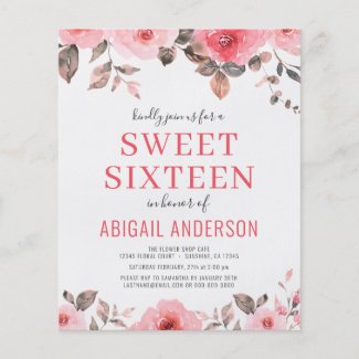 Budget Pink Rose Floral Sweet Sixteen Invitation Flyer