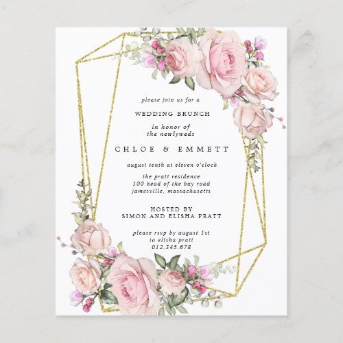 Budget Pink Rose Floral Wedding Brunch Invitation