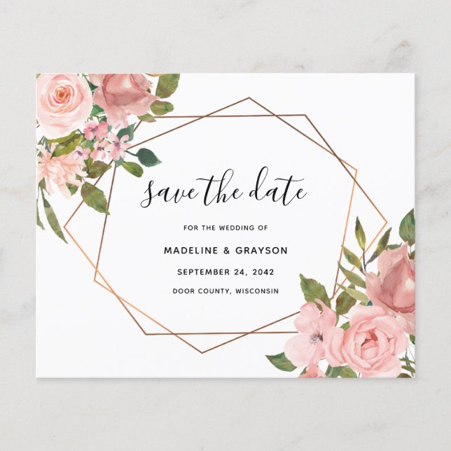 Budget Pink Rose Geometric Frame Save The Date (Front)