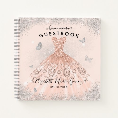 Budget Pink Rose Gold Dress Quinceanera Guestbook  Notebook