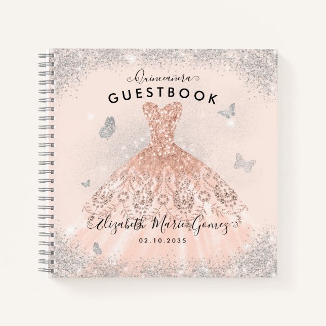 Budget Pink Rose Gold Dress Quinceanera Guestbook  Notebook (Front)
