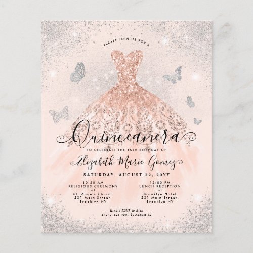 Budget Pink Rose Gold Glam Gown Quinceanera Invite