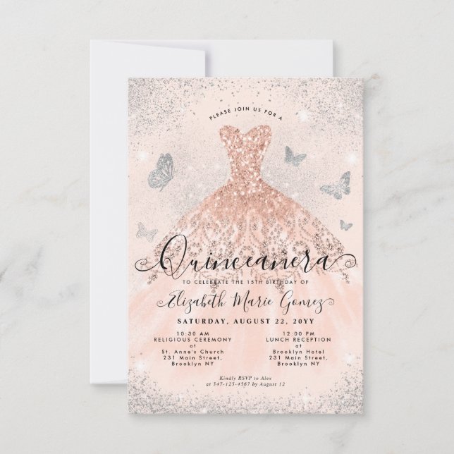 Budget Pink Rose Gold Glitter Gown Quinceanera Note Card (Front)