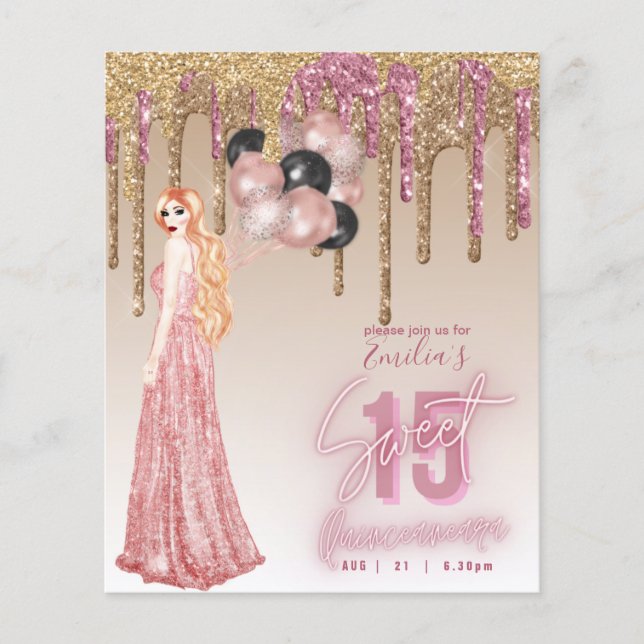 BUDGET Pink Rose Gold Glitter Quinceanera Red Hair Flyer (Front)