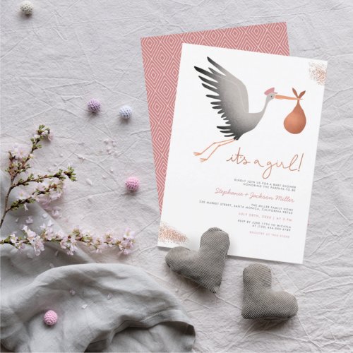 Budget Pink Rose Gold Stork Baby Girl Baby Shower