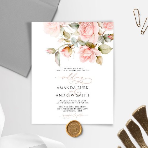 Budget Pink Rose  Greenery Wedding Invitation