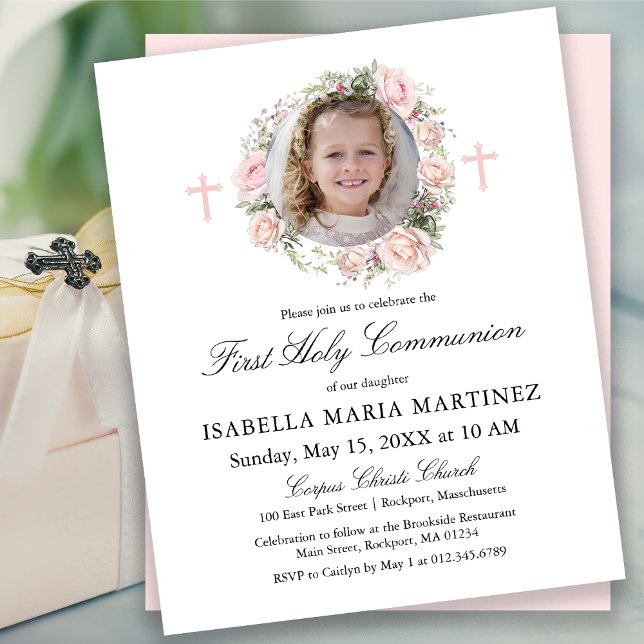 Budget Pink Rose Photo Floral First Holy Communion (Creator Uploaded)