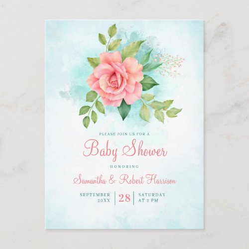 Budget Pink Rose Turquoise Floral Baby Shower Invitation Postcard
