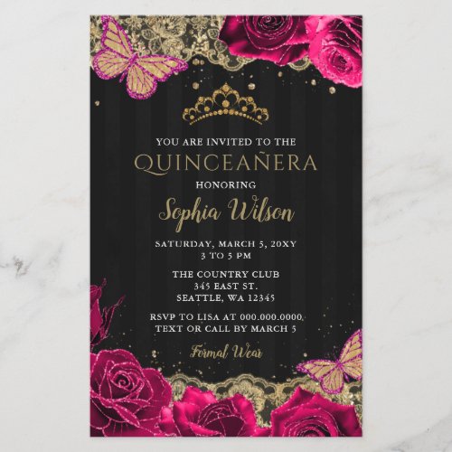 Budget Pink Roses Black Quinceaera Invitation