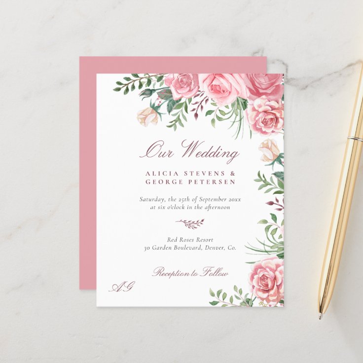 Budget pink roses elegant wedding invitation | Zazzle