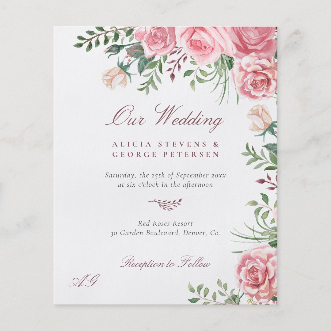 Budget pink roses elegant wedding invitation flyer | Zazzle