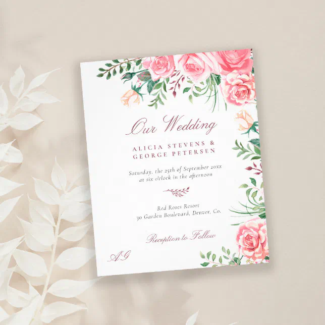 Budget pink roses elegant wedding invitation flyer | Zazzle