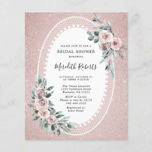 Budget Pink Roses Glitter Bridal Shower Invitation