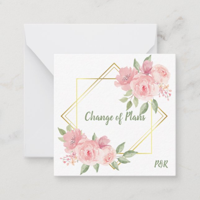 Budget, pink roses with golden frame.  note card (Front)