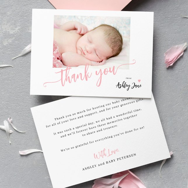 Budget pink script photo baby shower thank you note card (Available in different sizes)