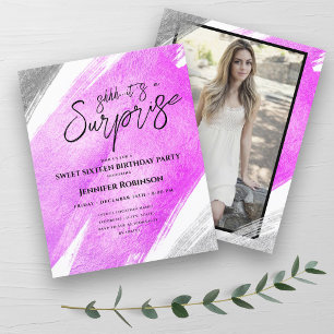 Budget Pink Silver Foil Surprise Sweet 16 Invites