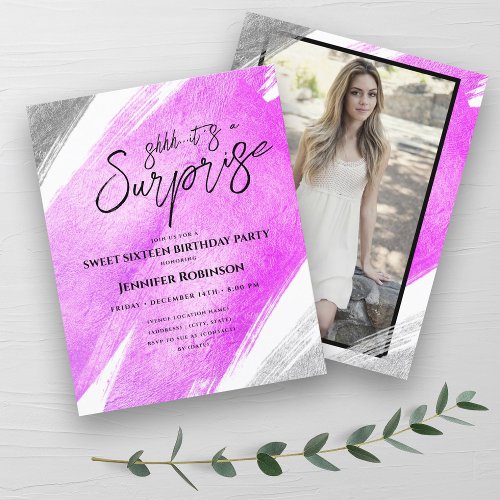 Budget Pink Silver Foil Surprise Sweet 16 Invites 