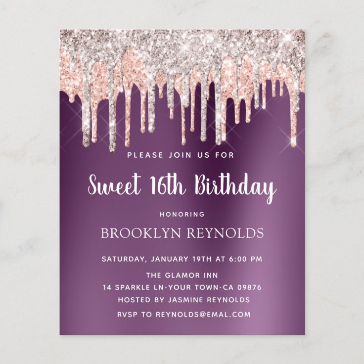 Budget Pink Silver Glitter Purple Sweet 16 Birthda | Zazzle