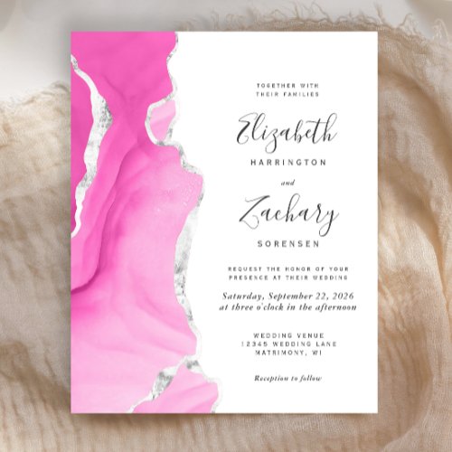 Budget Pink Siver Agate Modern Wedding Invitation