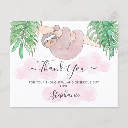 Budget Pink Sloth Baby Shower Thank You Card