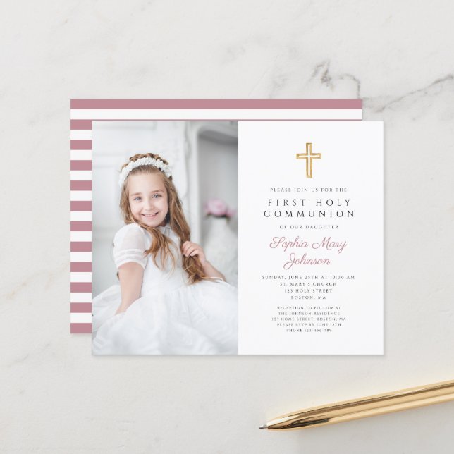 Budget Pink Stripes Photo Girl First Communion (Front/Back In Situ)