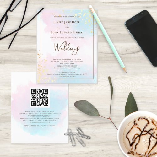 Budget Pink Teal Watercolor QR Code Wedding Invite