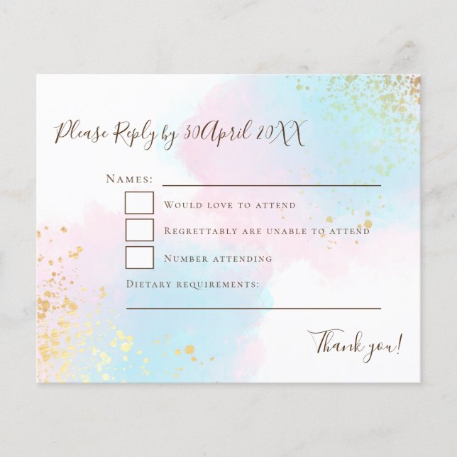 Budget Pink Teal with Gold Confetti Wedding RSVP  (Front)