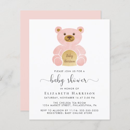 Budget Pink Teddy Bear Baby Girl Shower Invitation