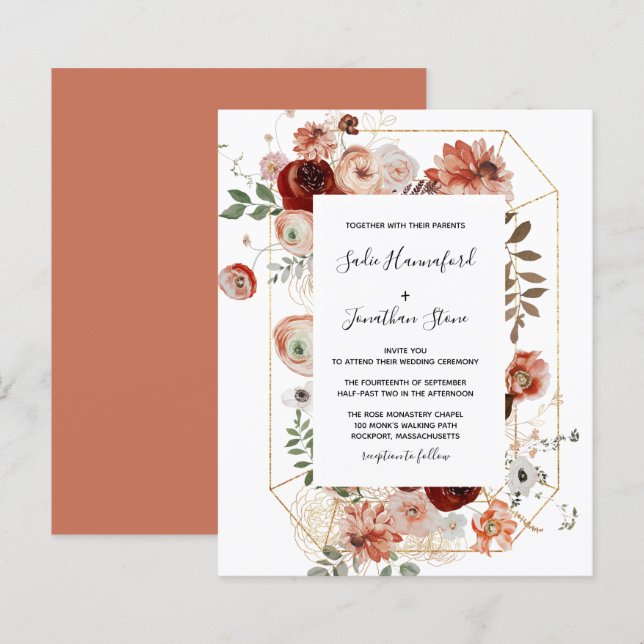 Budget Pink Terracotta Floral Wedding Invitation (Front/Back)