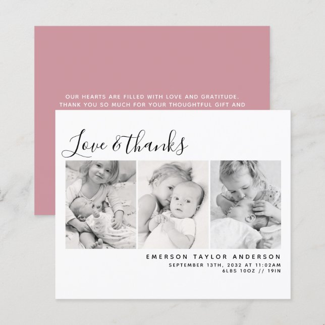 BUDGET Pink Three Photos New Baby Thank You Card (Front/Back)