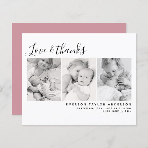BUDGET Pink Three Photos New Baby Thank You Card