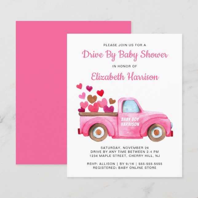 Budget Pink Truck Drive By Baby Shower Invitation (Front/Back)