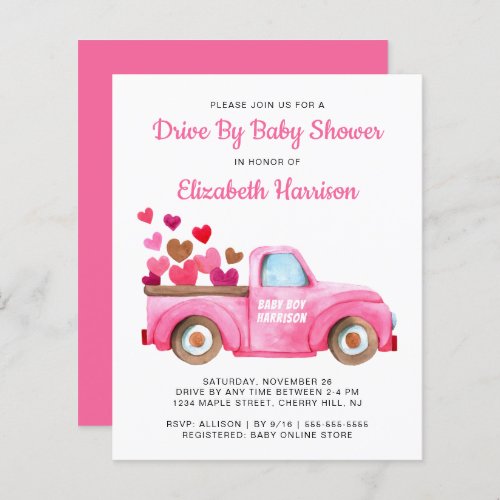 Budget Pink Truck Drive By Baby Shower Invitation