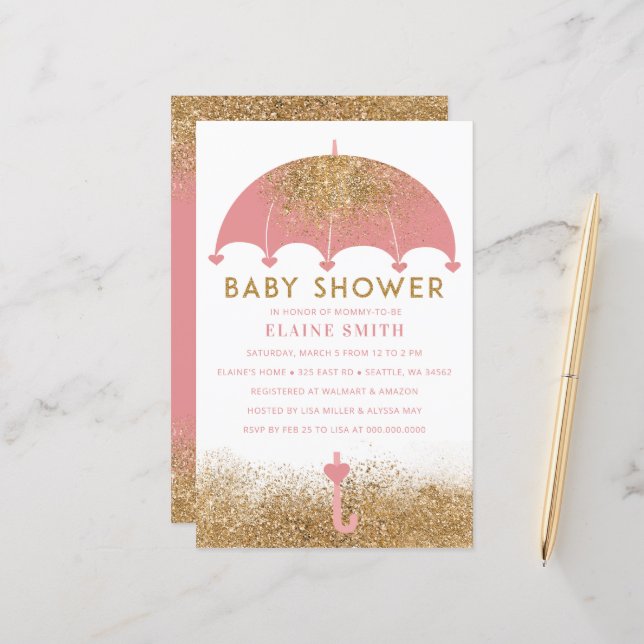Budget Pink Umbrella Girl Baby Shower Invitation (Front/Back In Situ)