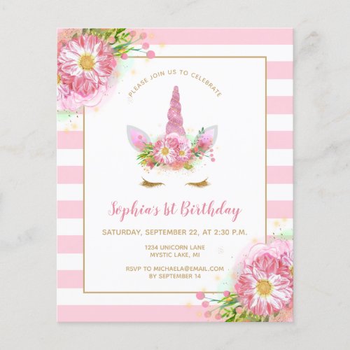 Budget Pink Unicorn Girls Birthday Invitation
