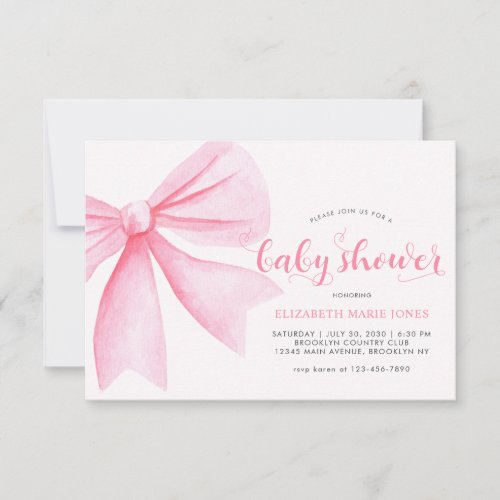 Budget Pink Watercolor Bow Ribbon Girl Baby Shower Note Card