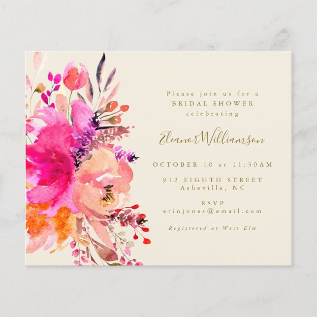 Budget Pink Watercolor Floral Bridal Shower Invite (Front)