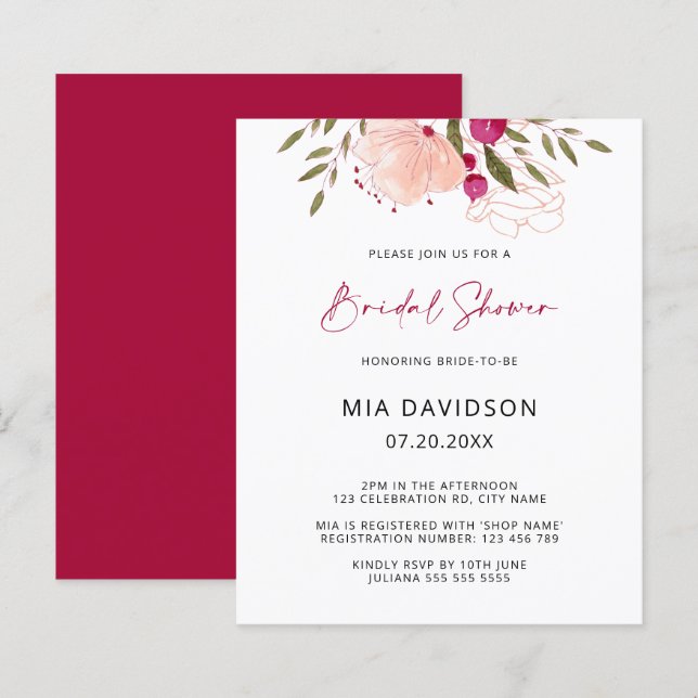 Budget Pink Watercolor Floral Bridal Shower Invite (Front/Back)