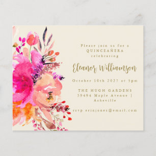 Budget Pink Watercolor Floral QUINCEAÑERA Invite