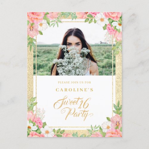 Budget Pink Watercolor Floral Sweet 16 Photo Invitation Postcard