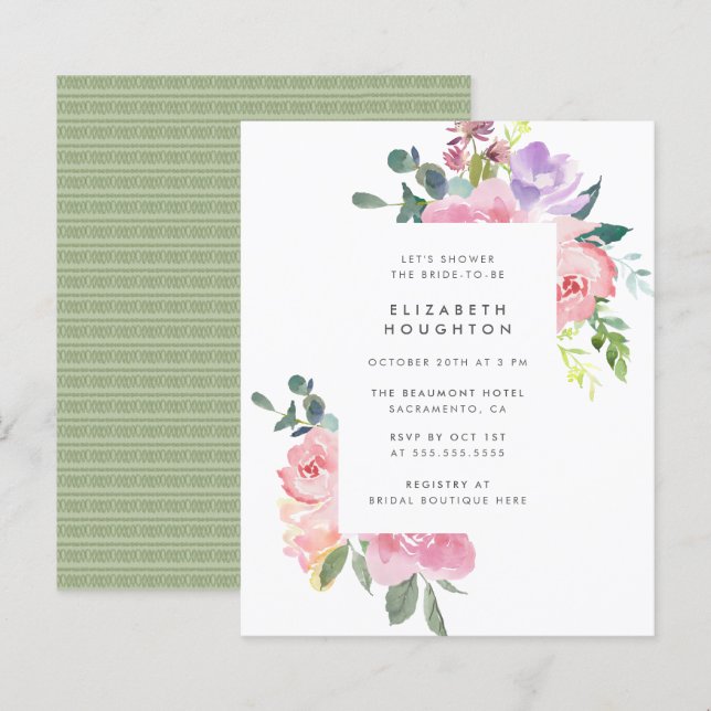 Budget Pink Watercolor Roses Summer Bridal Shower (Front/Back)
