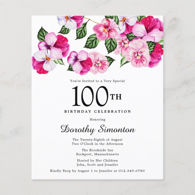 Budget Pink White Floral 100th Birthday Invitation (Front)